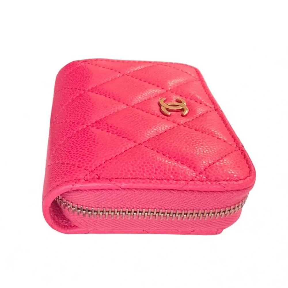 💗CHANEL Zip Coin Purse Wallet Quilted Hot Pink CAVIAR CC Logo Gold-Tone Hardware